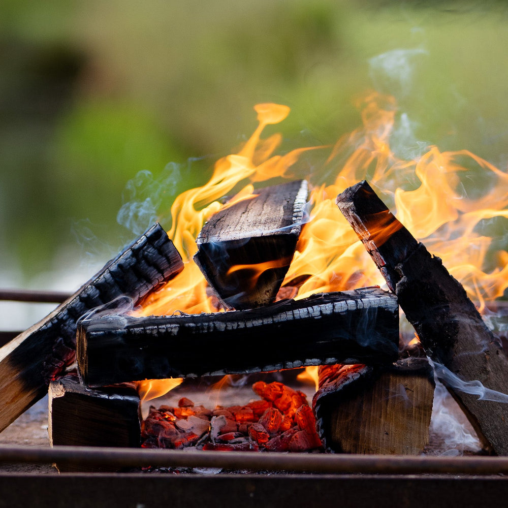 A fire cage with food cooking above a live wood fire