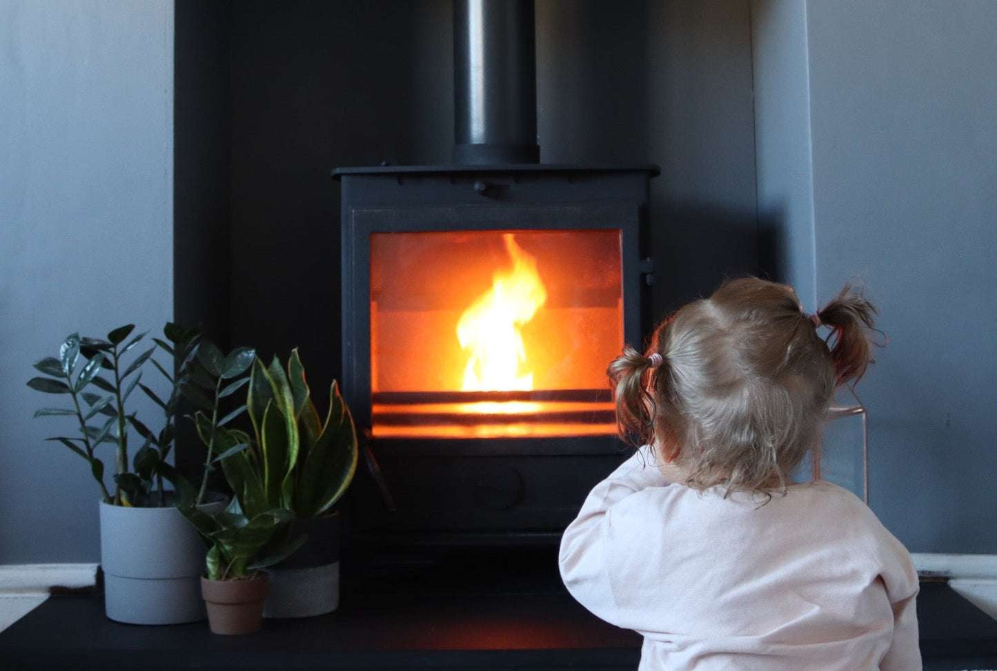 A dog sitting next to an alight log burner