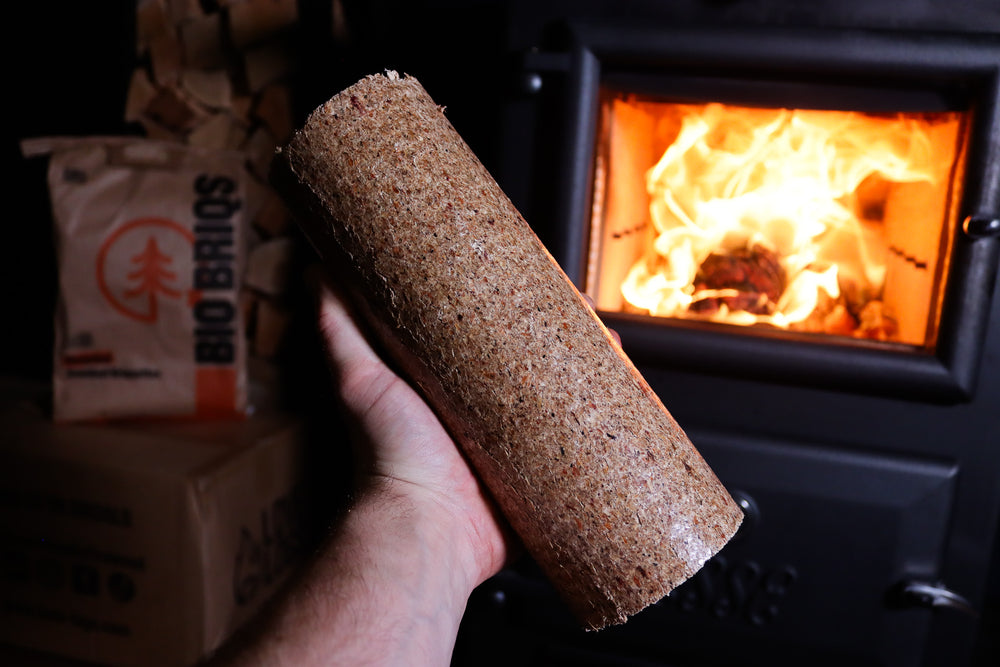 Bio Briqs firewood briquette in front of lit log burner